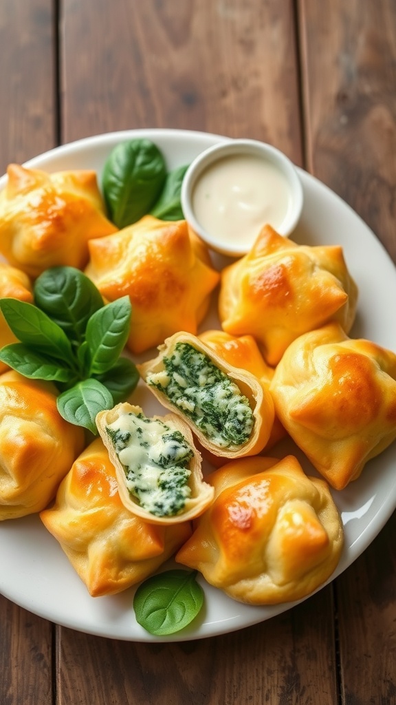 A platter of golden spinach and cheese puffs with creamy filling, served on a wooden table.